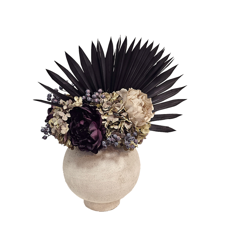 Hydrangeas, Roses and Berries with Dried Palm Fronds in Terra Cotta 19"H x 17.5"W x 13.5"D