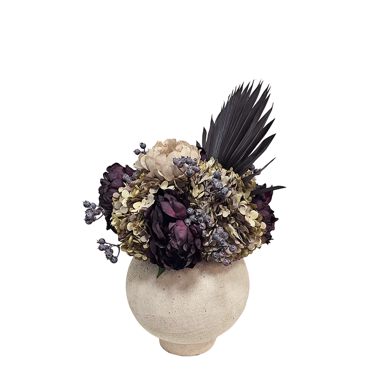 Hydrangeas, Roses and Berries with Dried Palm Fronds in Terra Cotta 19"H x 17.5"W x 13.5"D