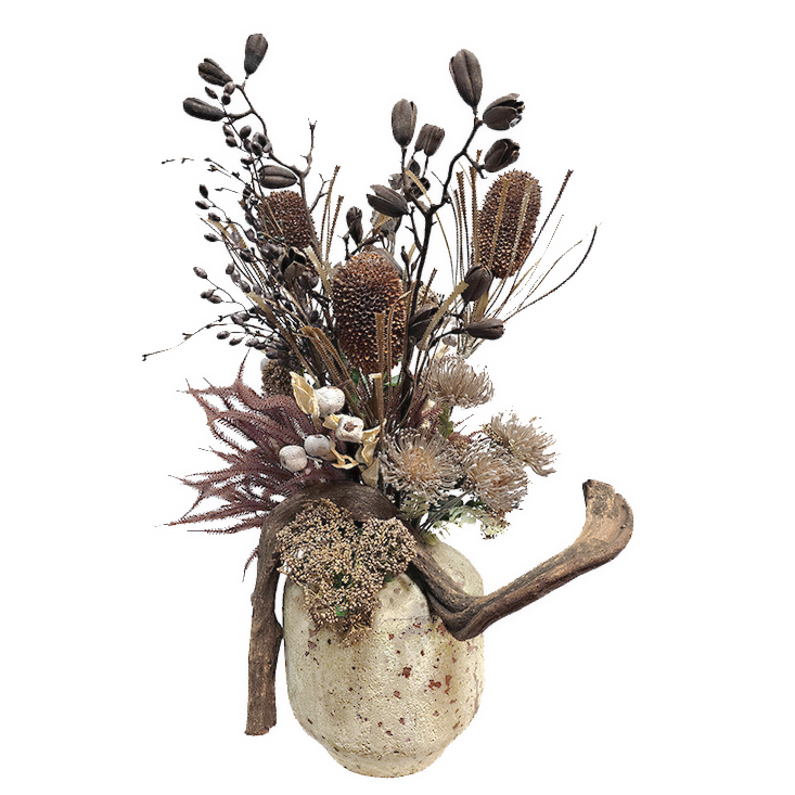Decorative Jungle Vine with Protea, Lavender Bush, Berries, Pods and Sedum in Aged Jar. 40.5"H X 27"W X 26"D