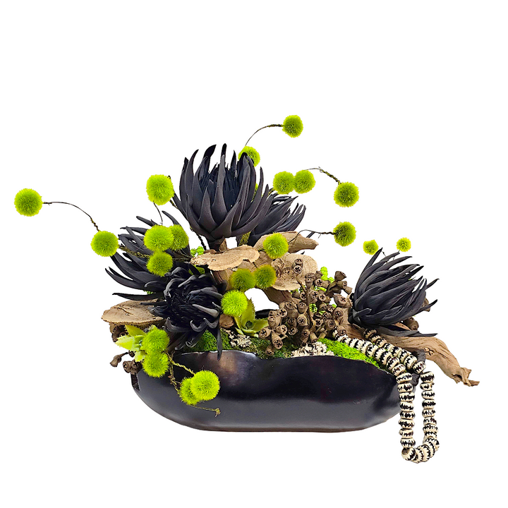Foam Flowers, Spheres, Pods and Tribal Beads on Ghostwood in Teak Oval   20"H X 28"W X 17"D
