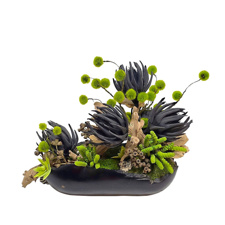 Foam Flowers, Spheres, Pods and Tribal Beads on Ghostwood in Teak Oval   20"H X 28"W X 17"D