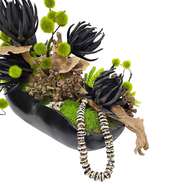 Foam Flowers, Spheres, Pods and Tribal Beads on Ghostwood in Teak Oval   20"H X 28"W X 17"D