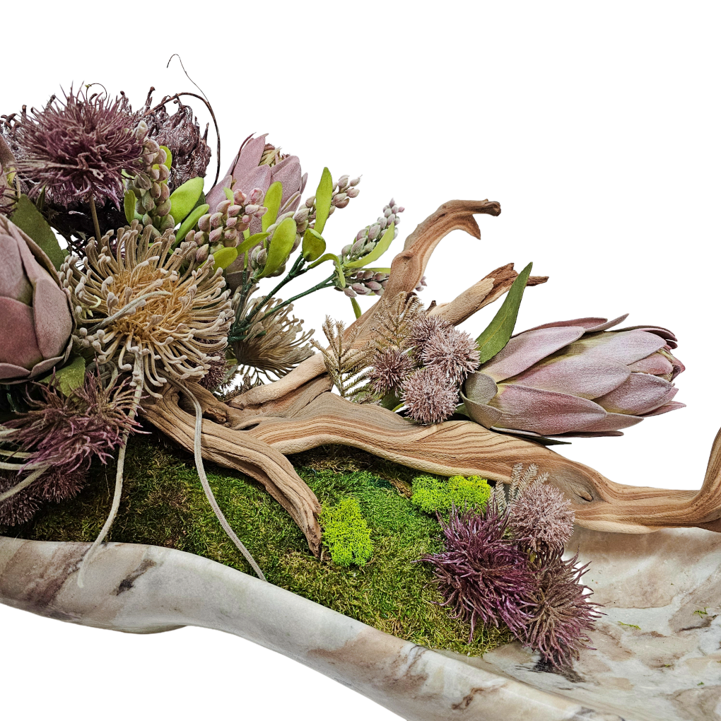 Manzanita with Sunflowers. Tillandsia, Protea Buch, Spikey Balls with Thistle and Berry Spray 72"H X 48"W X 30"D