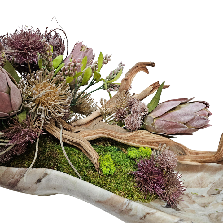 Manzanita with Sunflowers. Tillandsia, Protea Buch, Spikey Balls with Thistle and Berry Spray 72"H X 48"W X 30"D