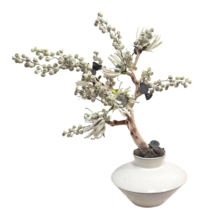 Berries, Lotus Pods and Flowers Hand Drilled onto Manzanita Branch in Ceramic 36"H X 30"W X 21"D