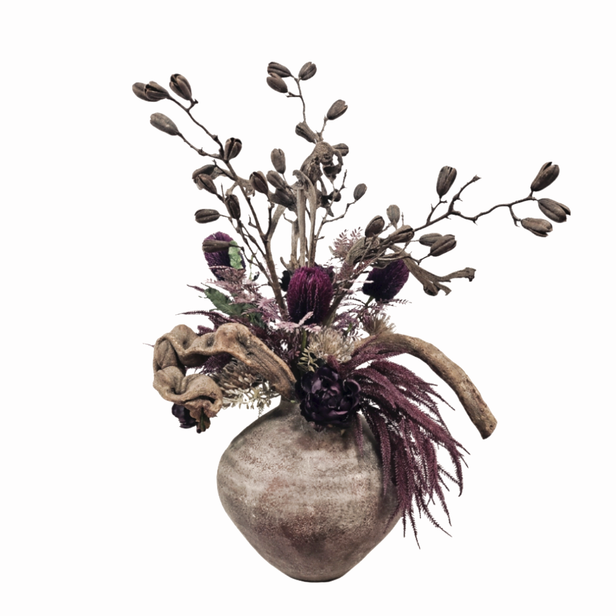 Decorative Jungle Vine, Pods, Peonies and Ferns in Aged Ceramic 43"H X 35"W X 22"D