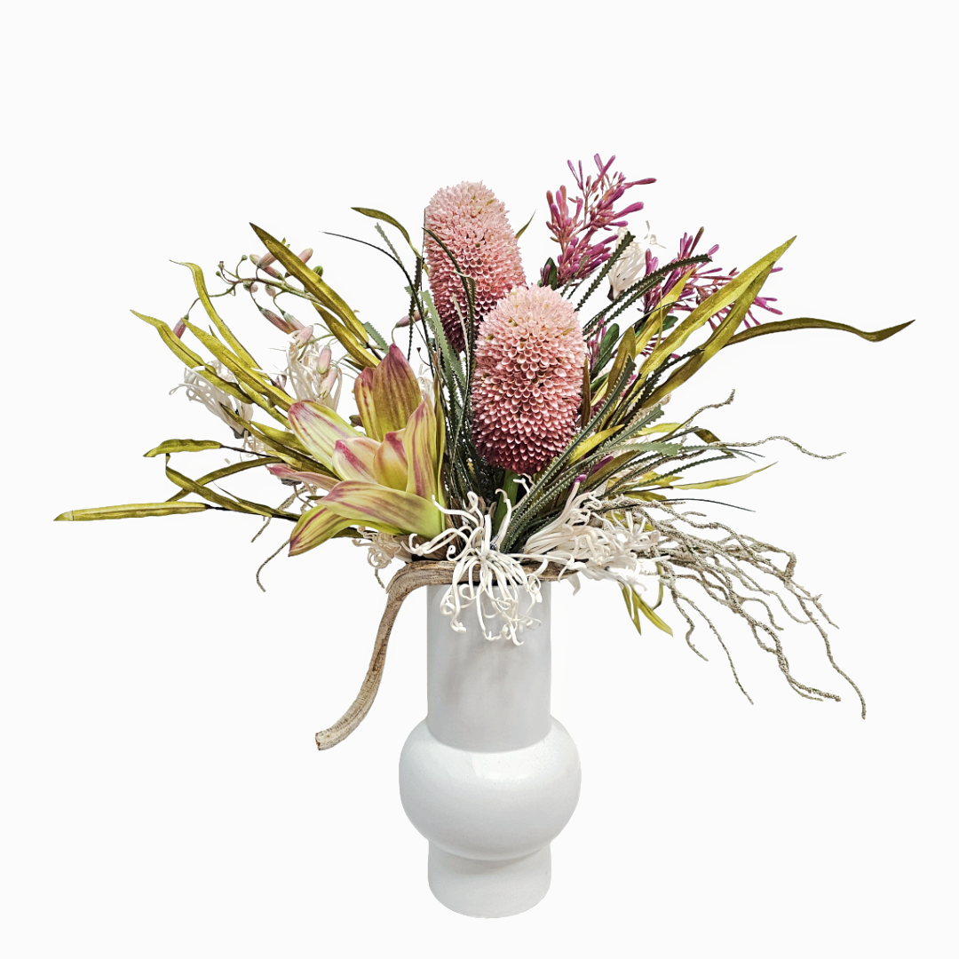 Bromeliad, Banksia, Scarlet Fire, Grass and Feathery Plumes in Ceramic 29"H x 31"W x 20"D