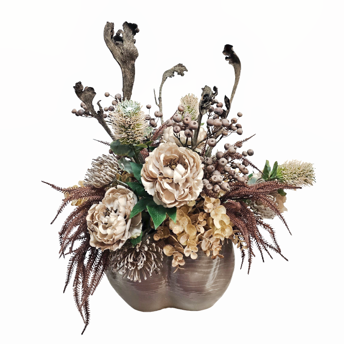 Peonies, Protea, Berries and Natural Stag Stem in Ceramic 28"H X 26"W X 26"D