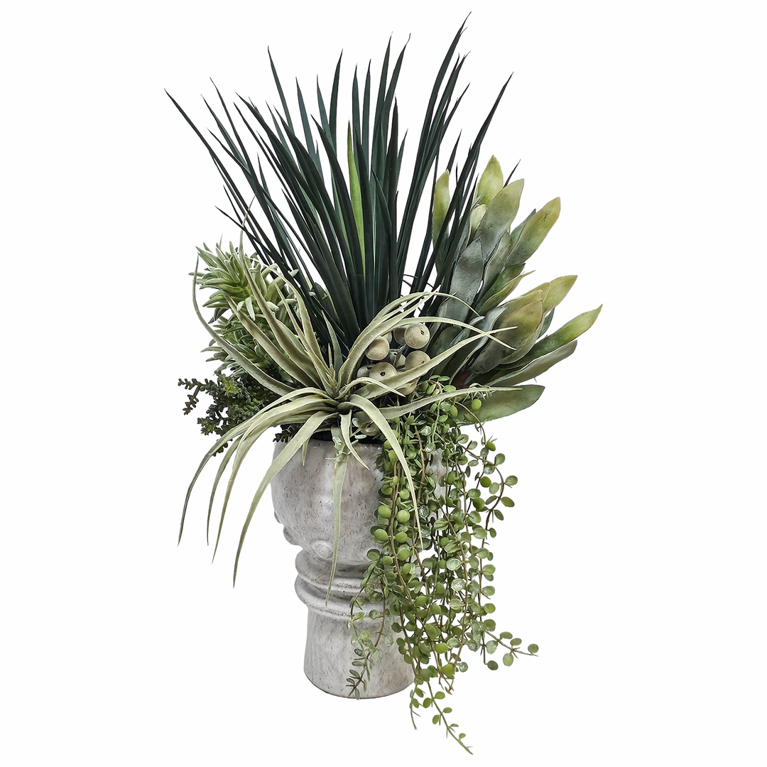 Whipple Yucca Plant with Tillandsia, Protea Spray, and Sedum Pick in Decorative Ceramic 19.5"H x 16"W x 13"D19.5"H x 16"W x 13"D