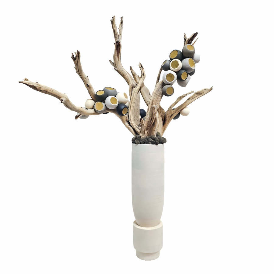 Painted Bell Cups Hand Drilled onto Ghostwood in Wood Vase 46"H X 31"W X 24"D