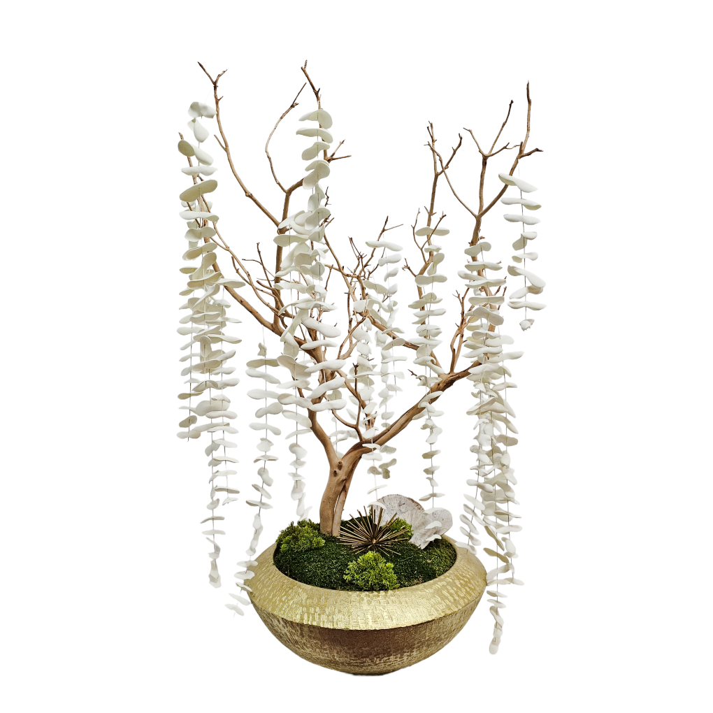 Sculptural Manzanita Branch with Hanging Foam Foliage, Metal Accent and Dried Mushrooms in Etched Bowl 42"H X 25"DIA