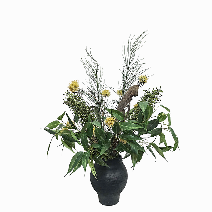 Wild Flowers, Star Pod, Willow, Thistle, Eucalyptus and Dried Natraj Branches In Textured Ceramic  45"H X 33"W X 25"D