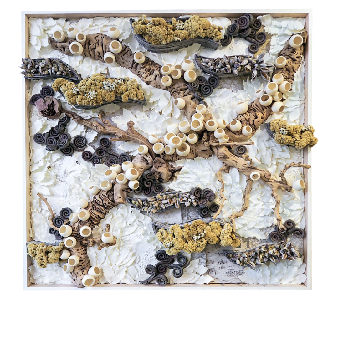 Wall Art with Dried Preserved Elements and Botanical Impressions in Wood Frame