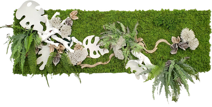 Organic Wall Art with Italian Ceramic Tropical Leaves, Ferns, Dried Pods, Foam Flowers and Moss 28"H