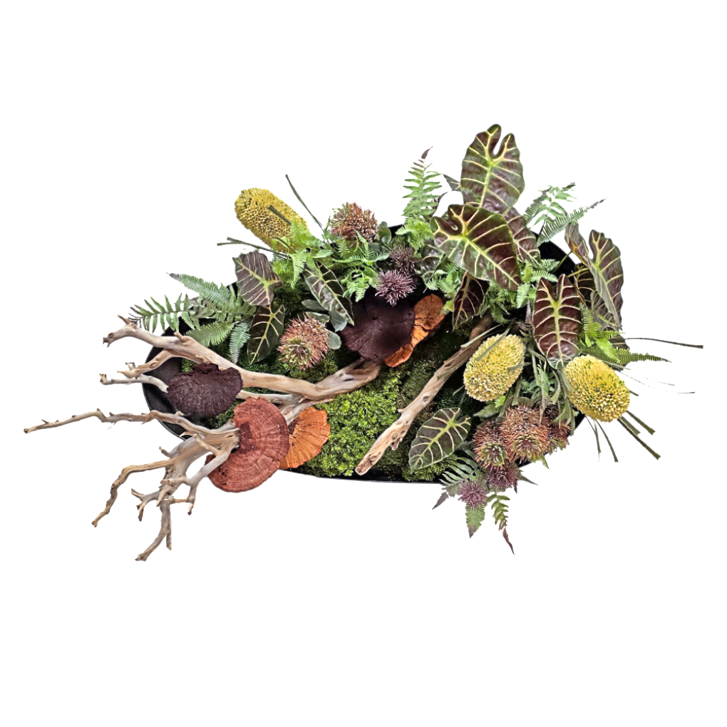 Organic Wall Art with Ghostwood, Protea, Banksia, Tropical Leaves, Ferns on Metal 32"H X 48"W X 19"D
