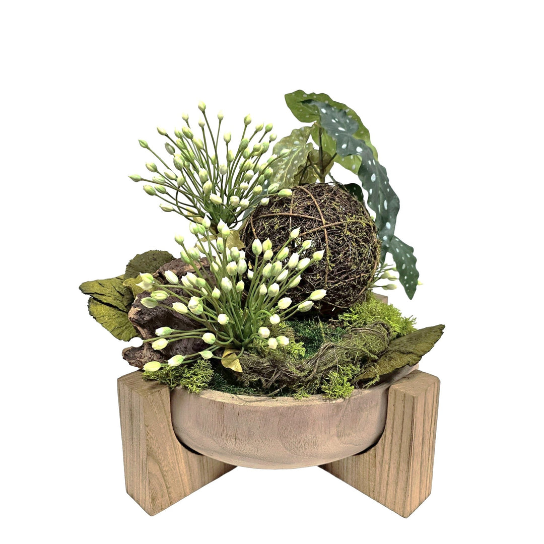 Agapanthus and Trout Begonia with Wood Fragment and Mushrooms in Natural Wooden Bowl on Stand. 16"H - LDF SilkArtificial Flora