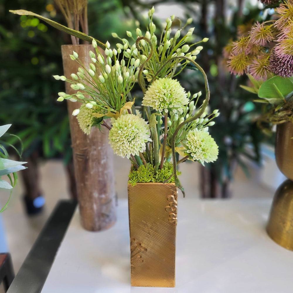 Agapanthus, Dahlia and Staghorn Fern in Embossed Vase. FH: 25"H - LDF SilkArtificial Flora