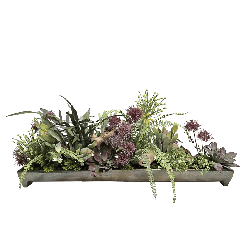 Agapanthus, Ferns, Protea and Thistle with Wood Fragment in Metal Container 16"H - LDF Silk