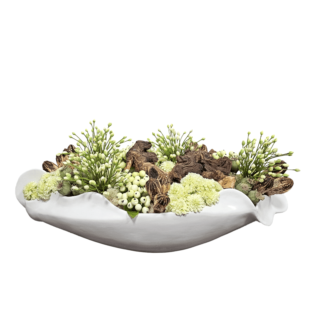 Agapanthus with Berries, Mums and Driftwood in Organic Ceramic Container. 11"H - LDF Silk