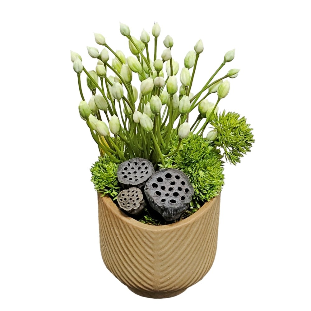 Agapanthus with Dried Lotus Pods and Thistle in Container FH: 9.5"H - LDF Silk
