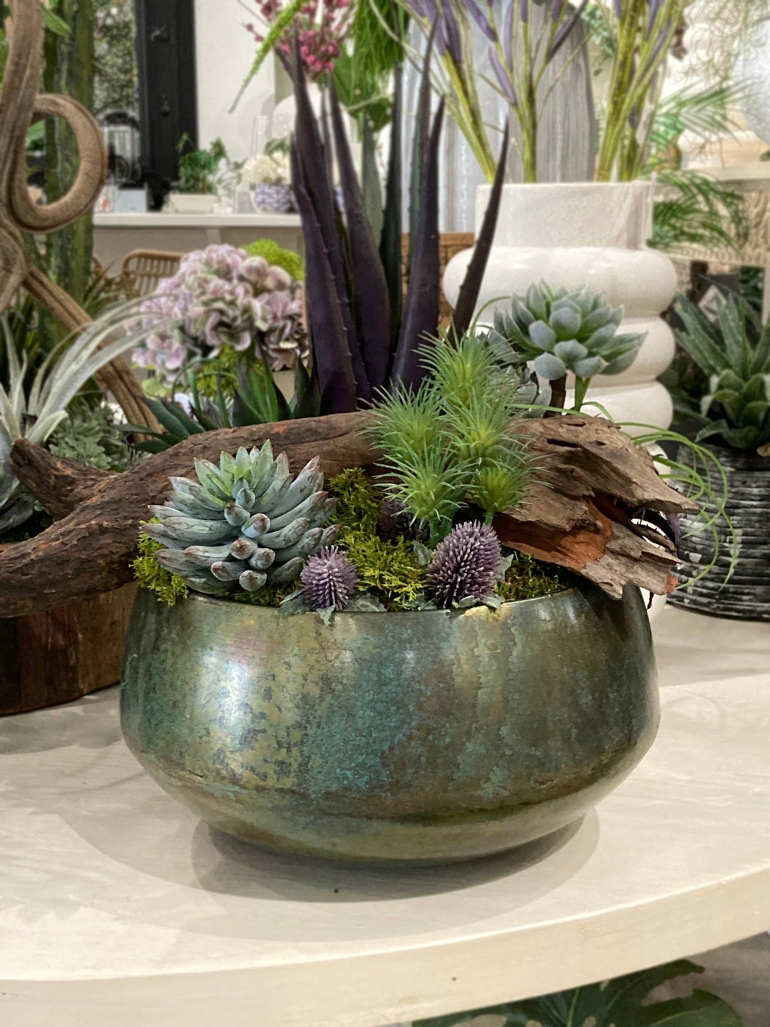Agave and Succulents with Wood Fragment in a Bowl FH: 19" - LDF Silk
