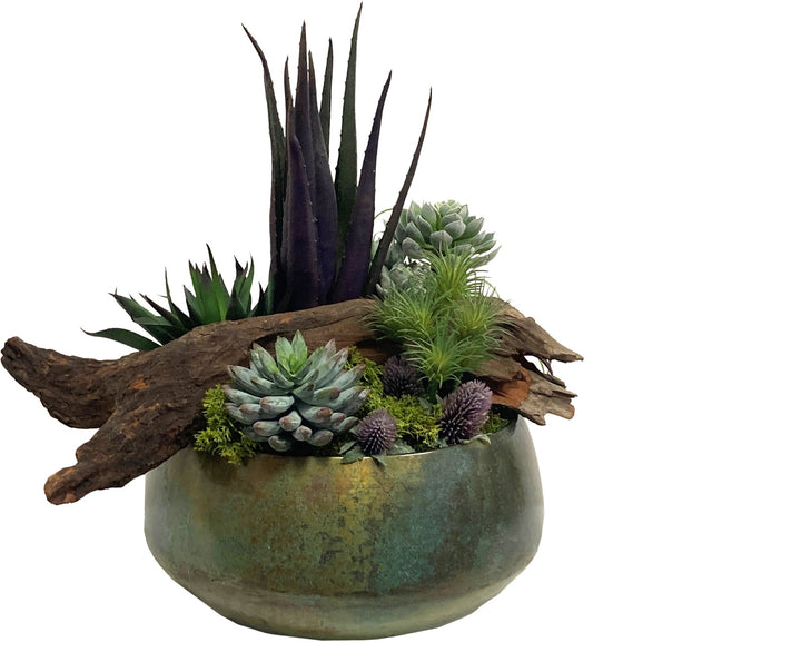 Agave and Succulents with Wood Fragment in a Bowl FH: 19" - LDF Silk
