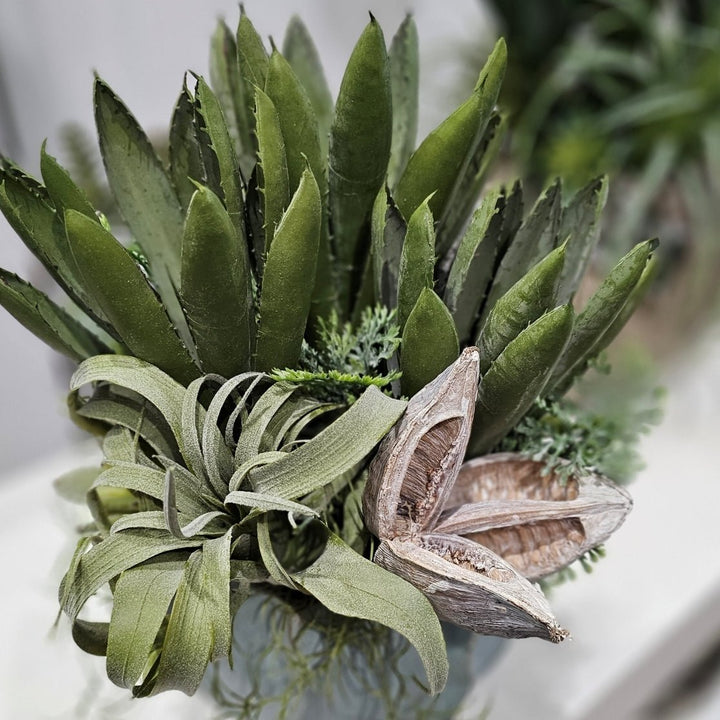 Agave, Cypress Bush, Tillandsia and Sora Pod in Ceramic Container 15"H - LDF Silk