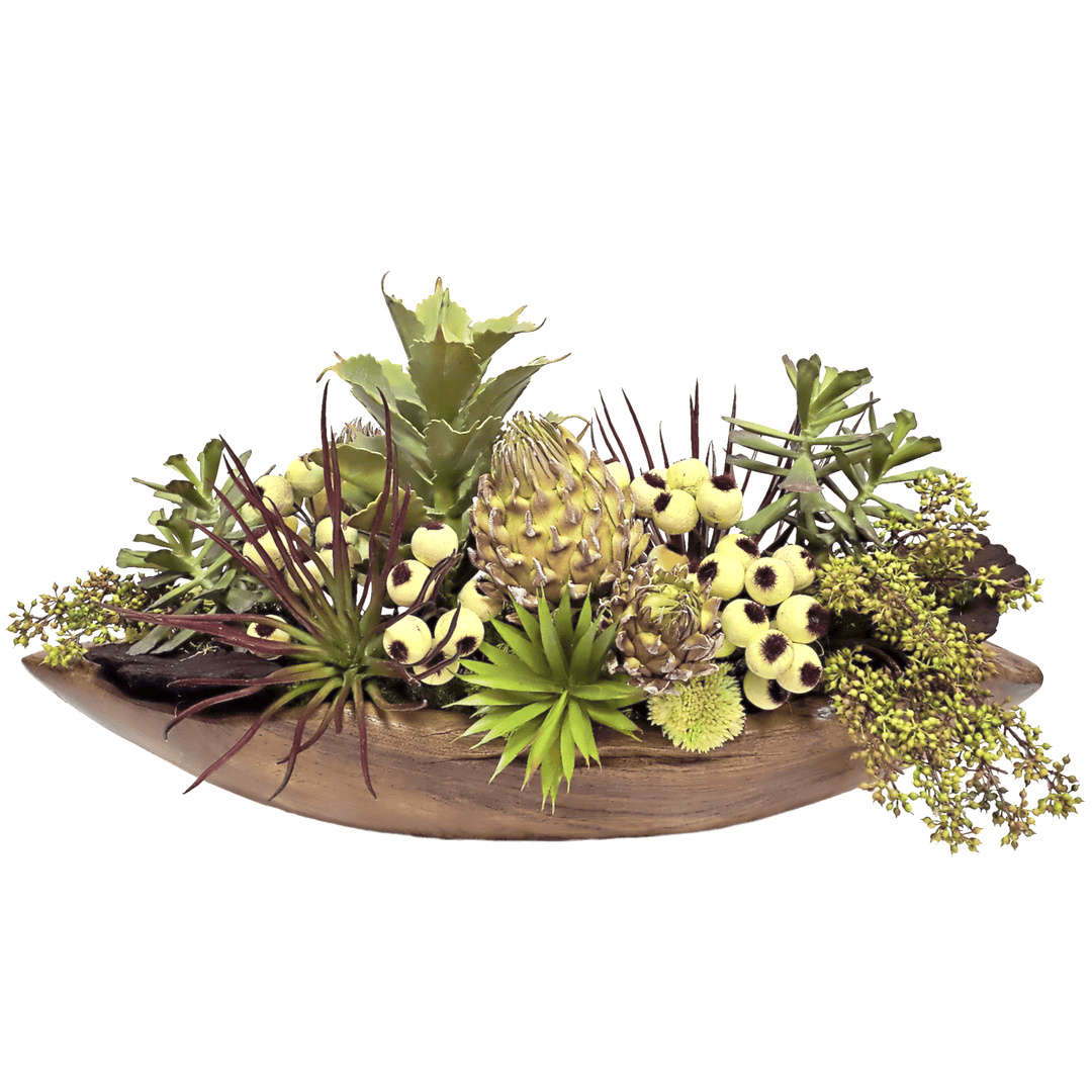 Agave with Pods and Berries in Teak Wood Boat. 12"H - LDF SilkArtificial Flora
