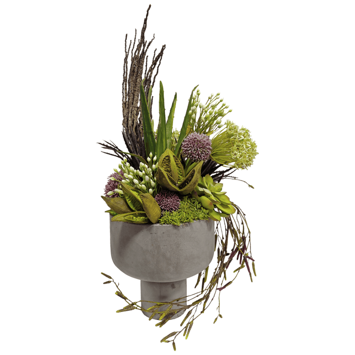 Allium, Agapanthus, Aloe, Succulents, Sora Pods, Hanging Vine, and Coco Jhar in Bowl. FH: 31"H - LDF Silk