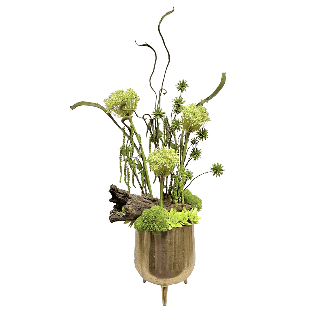 Allium, Amaranthus, Staghorn Ferns, Driftwood and Succulents in Metal Container. FH: 46"H - LDF Silk