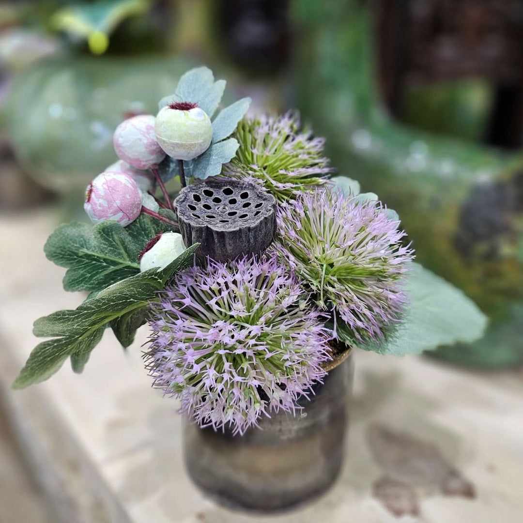 Allium, Berries and Dried Lotus pod in Container. FH: 7" - LDF SilkArtificial Flora