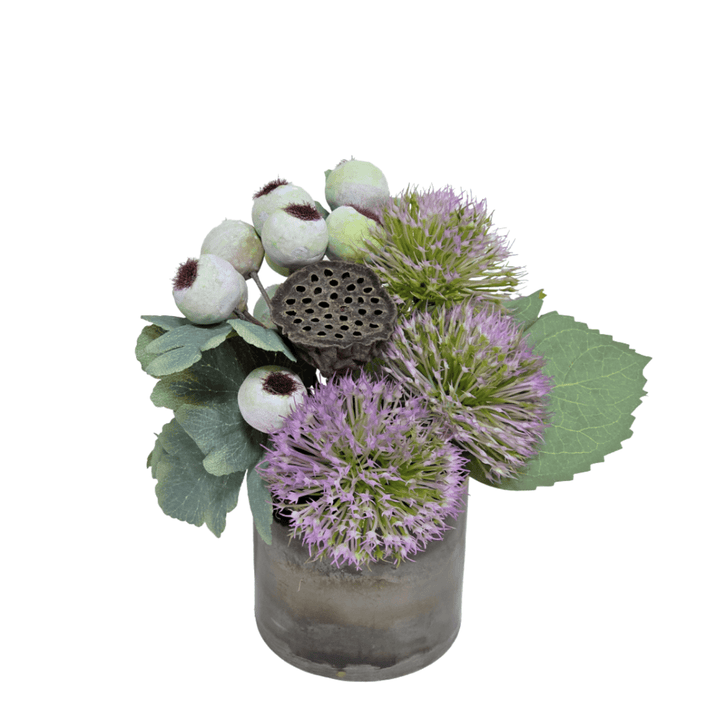 Allium, Berries and Dried Lotus pod in Container. FH: 7" - LDF SilkArtificial Flora