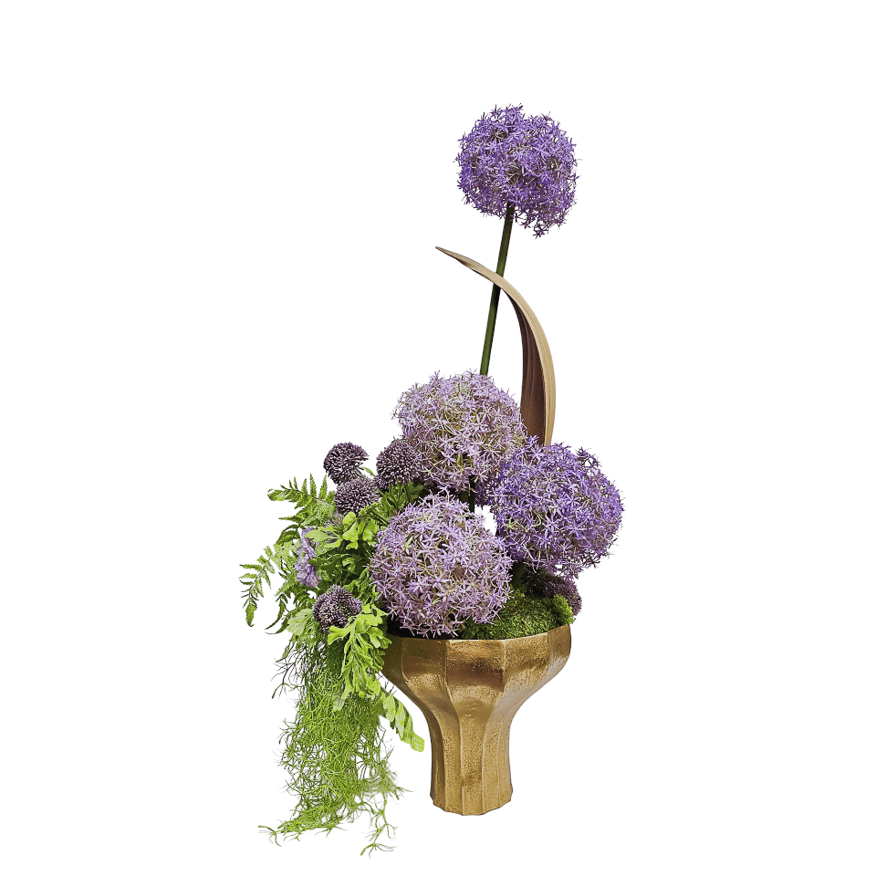 Allium, Coco Palm Leaf, Sprengerii Vine, Thistle and Ferns in Metal Pedestal Container 42"H - LDF Silk