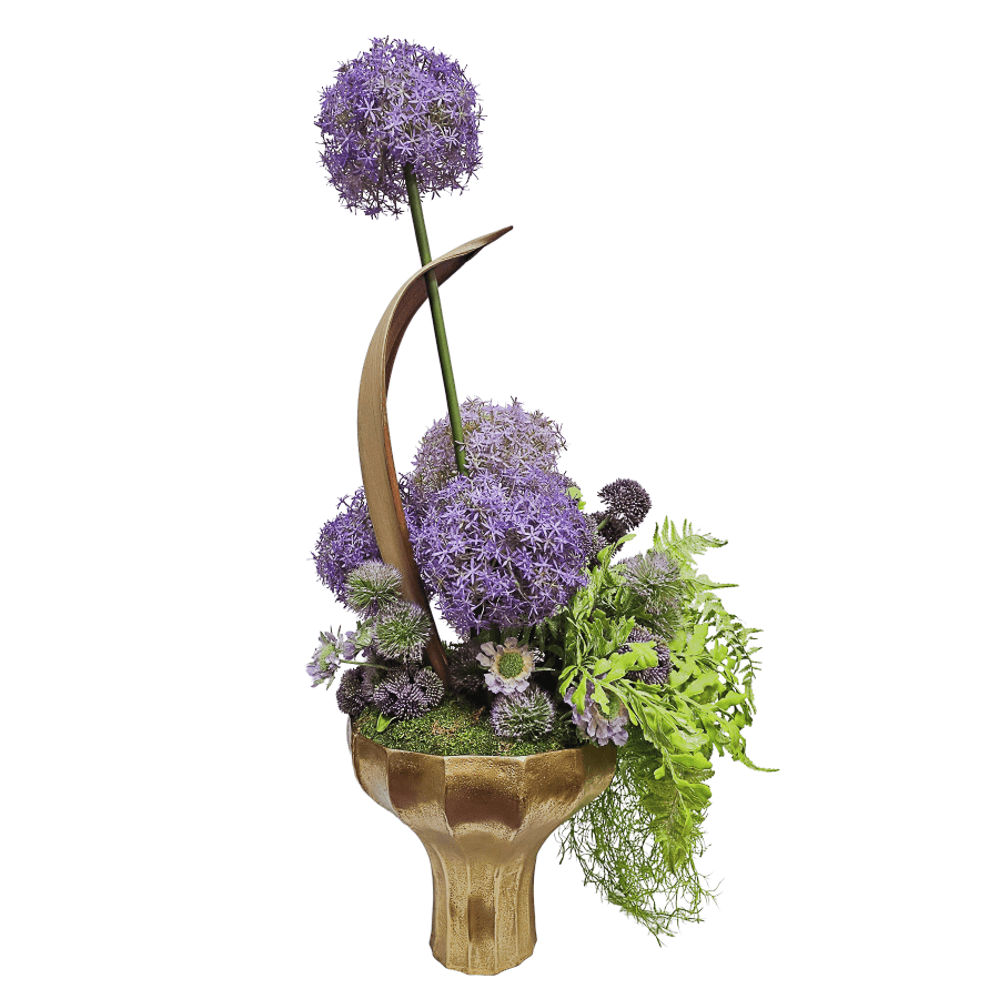 Allium, Coco Palm Leaf, Sprengerii Vine, Thistle and Ferns in Metal Pedestal Container 42"H - LDF Silk