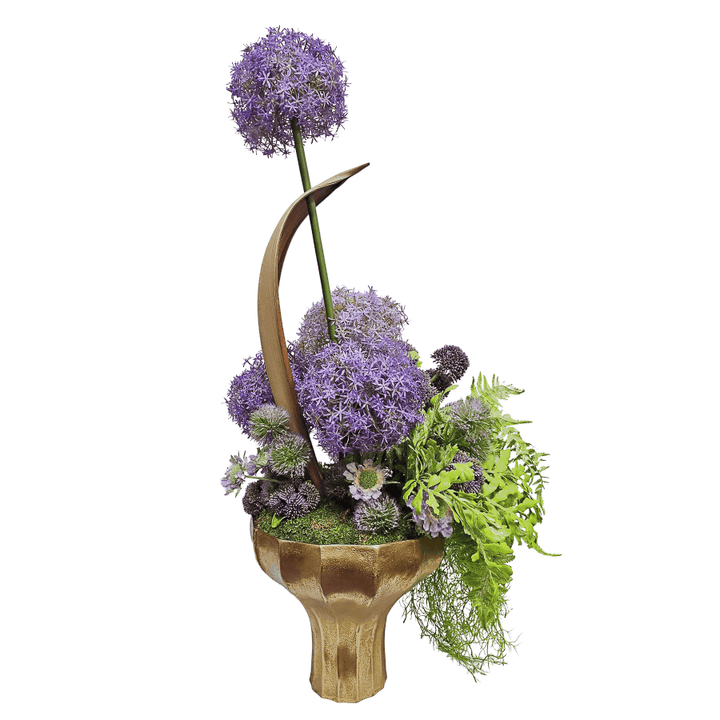 Allium, Coco Palm Leaf, Sprengerii Vine, Thistle and Ferns in Metal Pedestal Container 42"H - LDF Silk