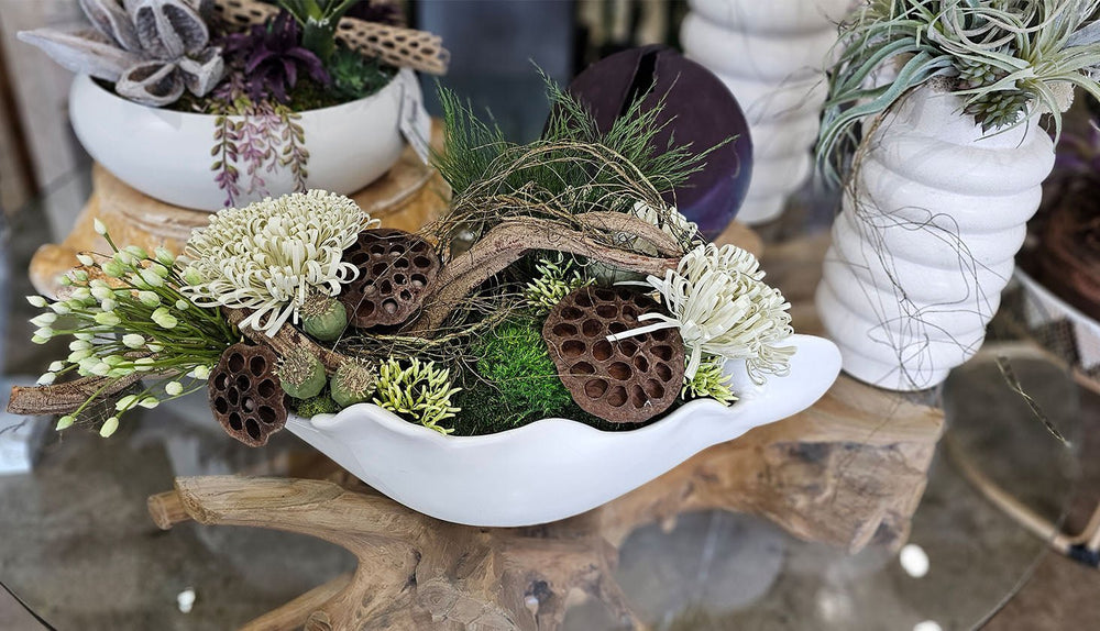 Allium, Foam Flowers, Lotus Pods, Natural Vine and Moss in Container 12"H - LDF Silk