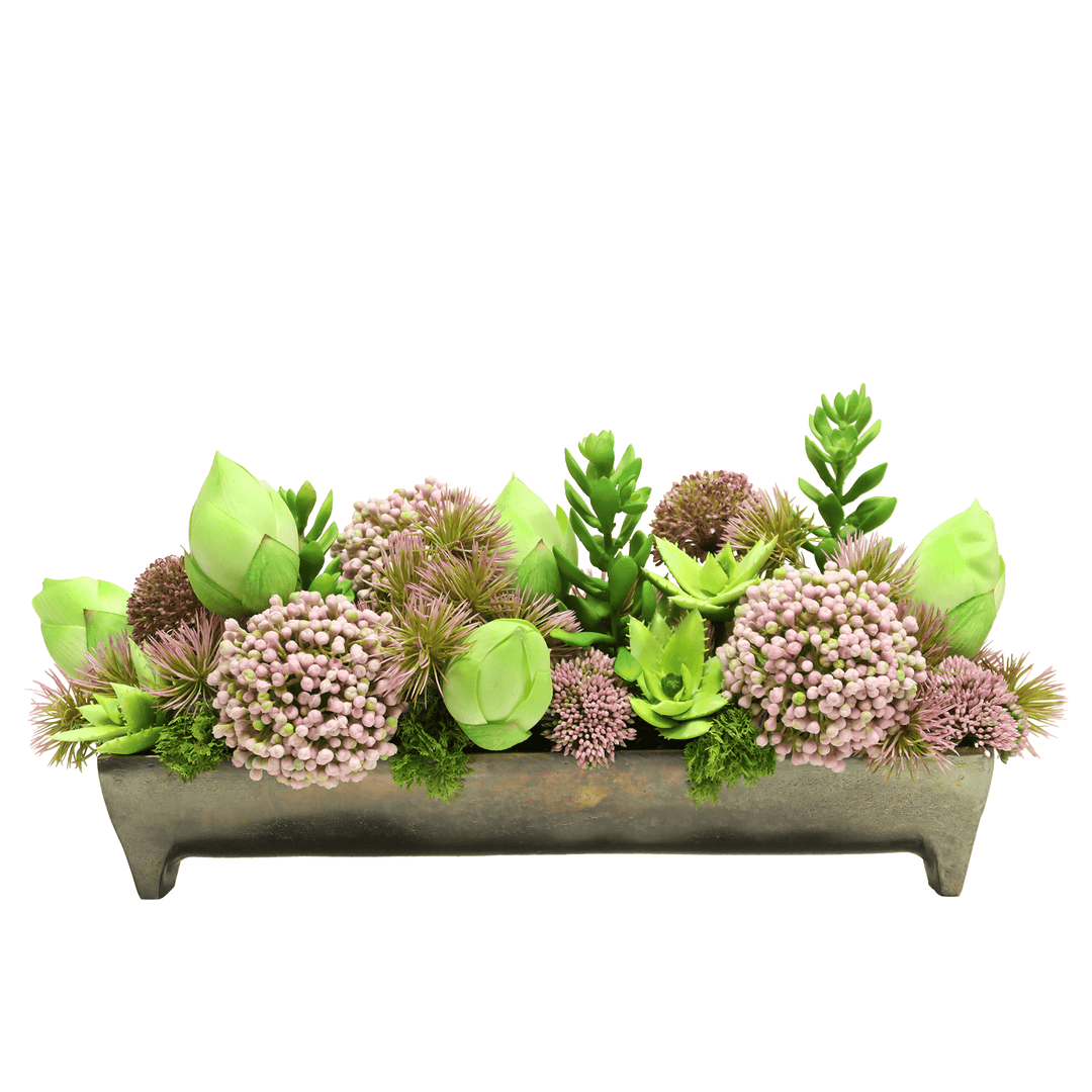 Allium, Lotus Buds and Succulents in Container with Feet. FD: 9.5"H - LDF SilkArtificial Flora