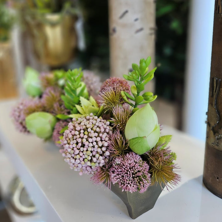 Allium, Lotus Buds and Succulents in Container with Feet. FD: 9.5"H - LDF SilkArtificial Flora