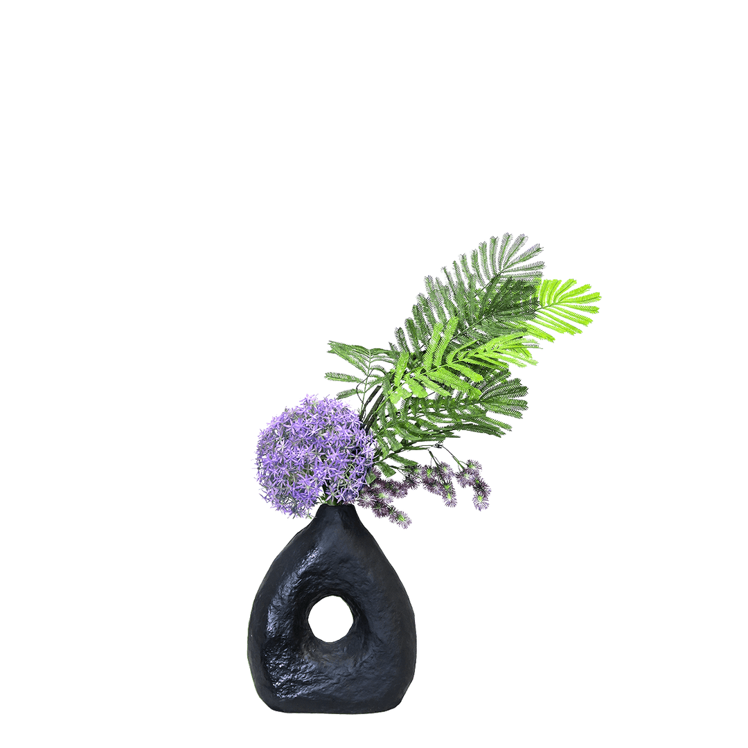 Allium, Phoenix Leaves, and Pompon Blossom in Paper Mache Vase 27"H - LDF Silk