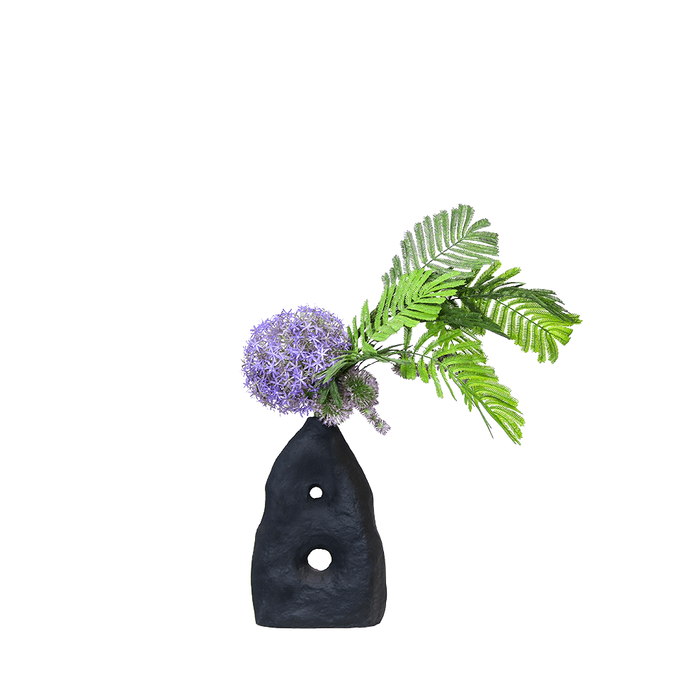 Allium, Phoenix Leaves, Thistle, and Pompon Blossom in Paper Mache Vase. 26"H - LDF Silk