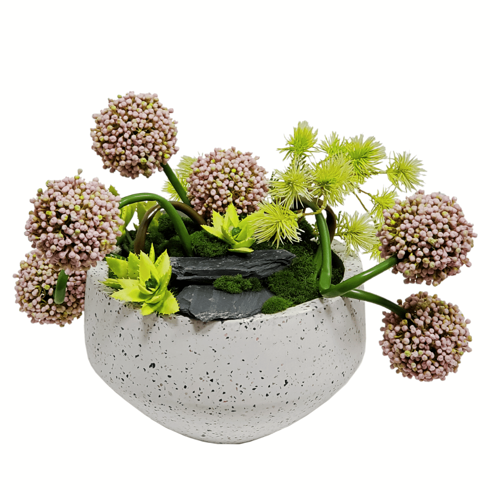 Allium, Spiny Pods and Succulents with Rocks in Bowl 16"H - LDF Silk