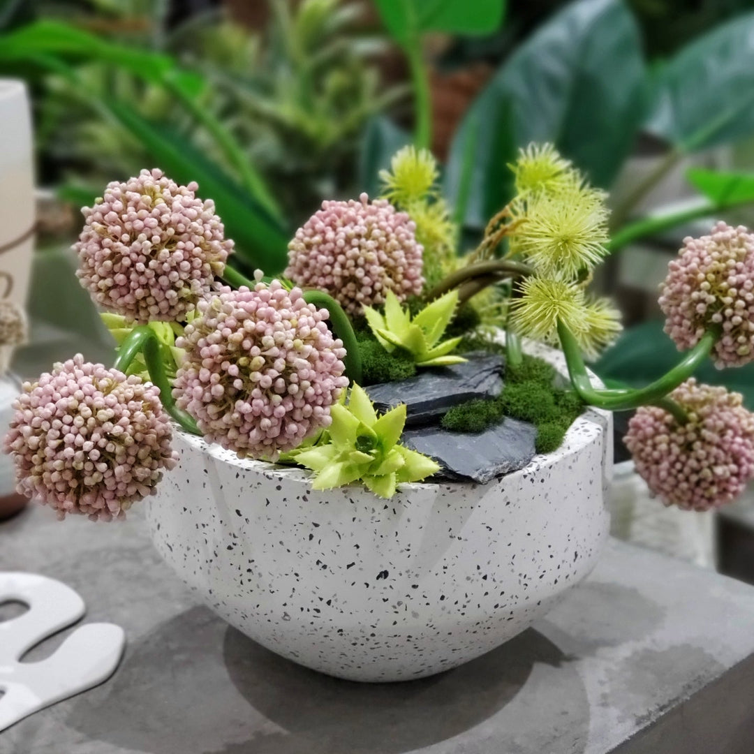 Allium, Spiny Pods and Succulents with Rocks in Bowl 16"H - LDF Silk