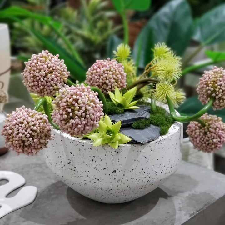 Allium, Spiny Pods and Succulents with Rocks in Bowl 16"H - LDF Silk