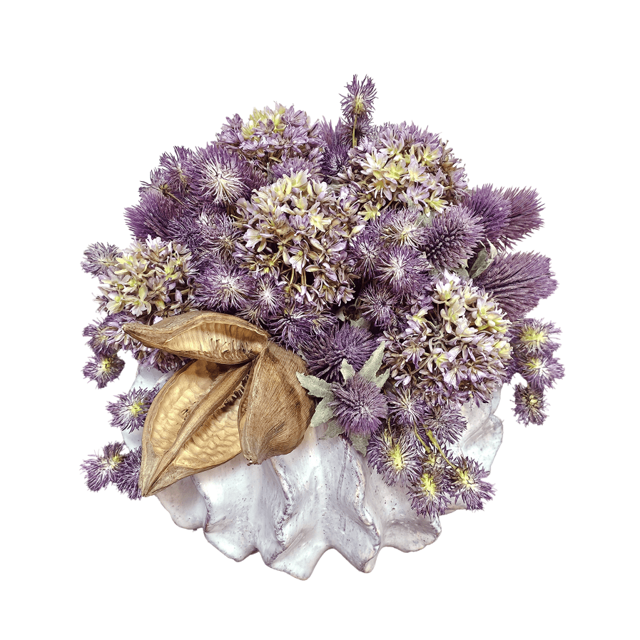Allium, Thistle and Pompons with Sora Pod in Glazed Ceramic 11"H - LDF Silk
