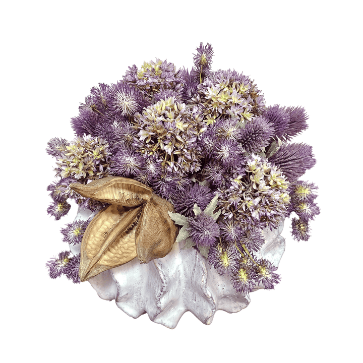 Allium, Thistle and Pompons with Sora Pod in Glazed Ceramic 11"H - LDF Silk