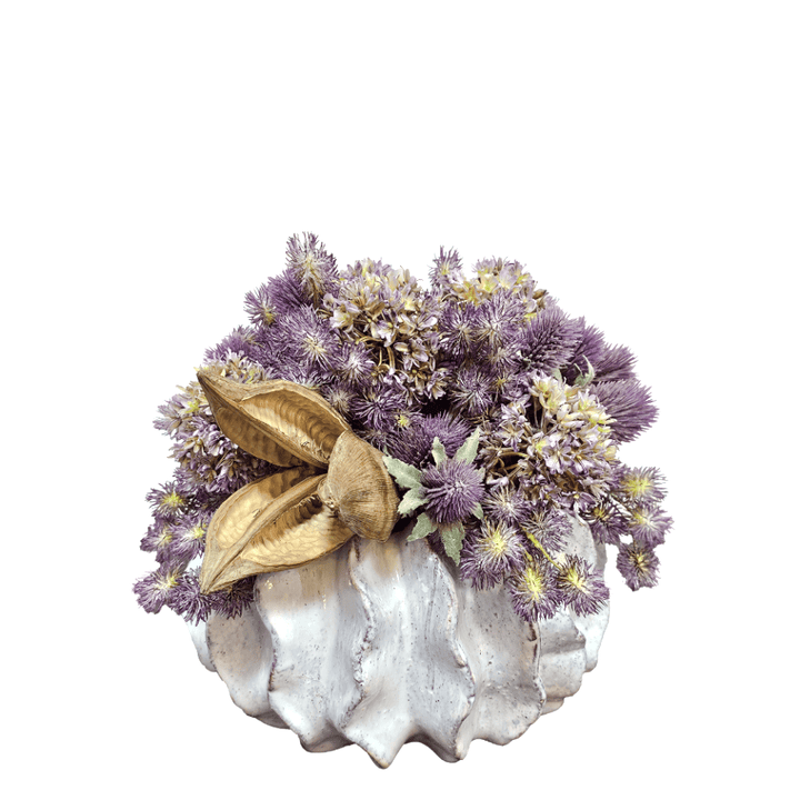 Allium, Thistle and Pompons with Sora Pod in Glazed Ceramic 11"H - LDF Silk