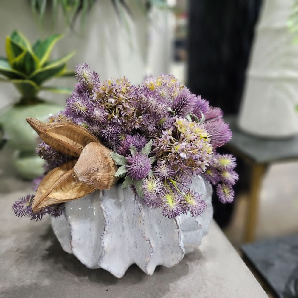 Allium, Thistle and Pompons with Sora Pod in Glazed Ceramic 11"H - LDF Silk