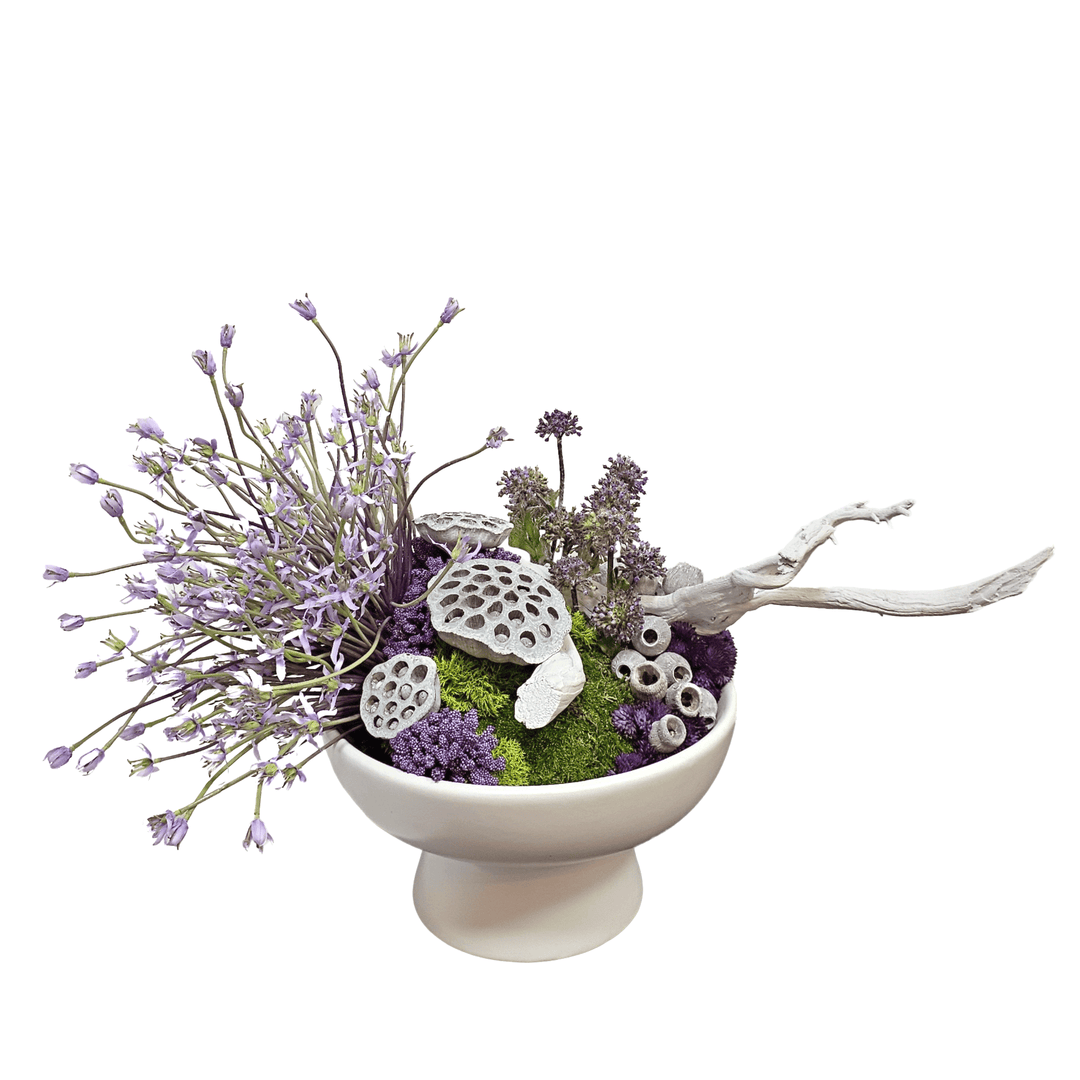Allium with Ghostwood, Lotus Pods and Allium in Ceramic Bowl 19"H - LDF Silk