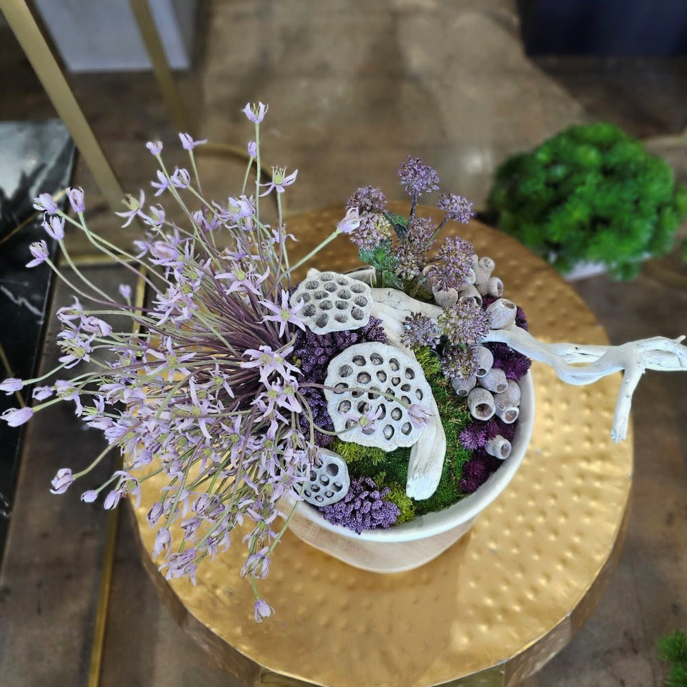 Allium with Ghostwood, Lotus Pods and Allium in Ceramic Bowl 19"H - LDF Silk