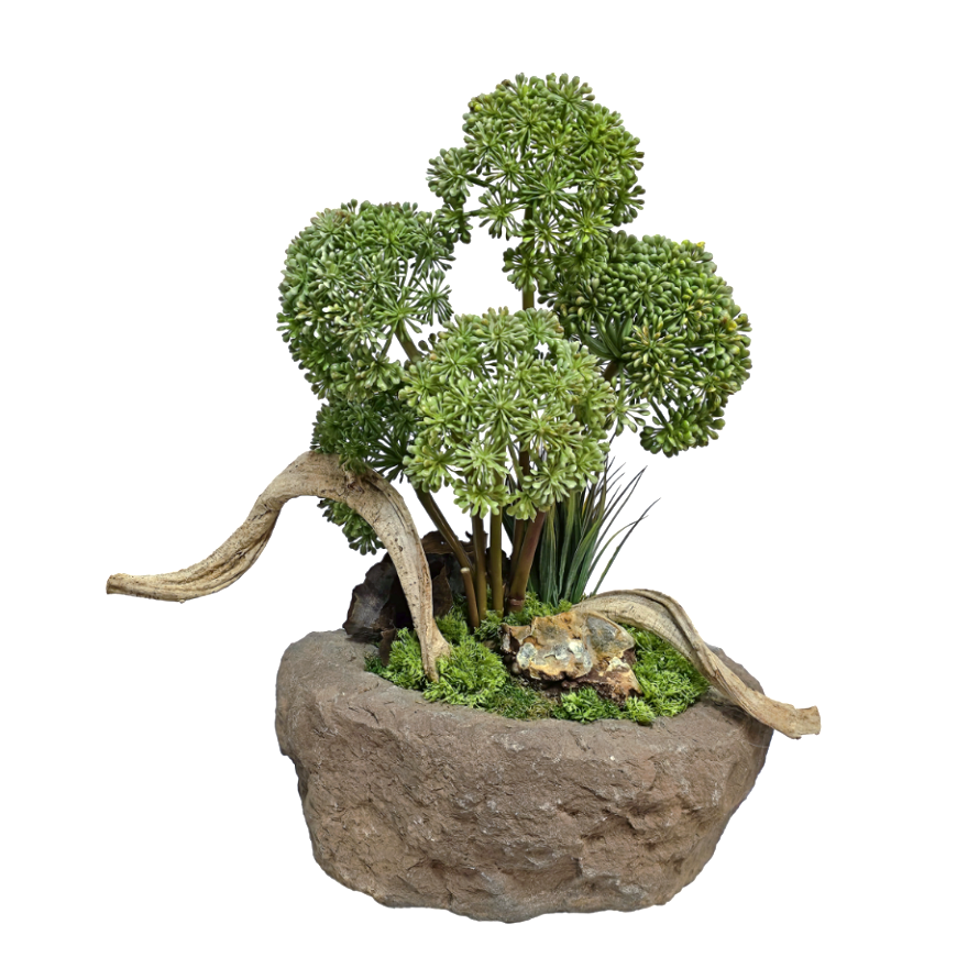 Allium with Twisted Vine, Specimen Crystal and Calice in Carved Stone Bowl 22.5"H - LDF Silk